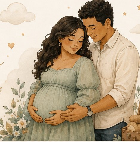 Pareja ilustrada esperando a Mateo